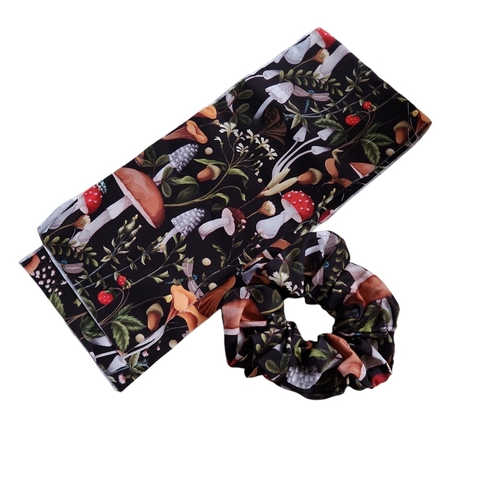Handmade Mushroom Cotton Scrunchie Botanical Red Berry Cottagecore Hair Tie